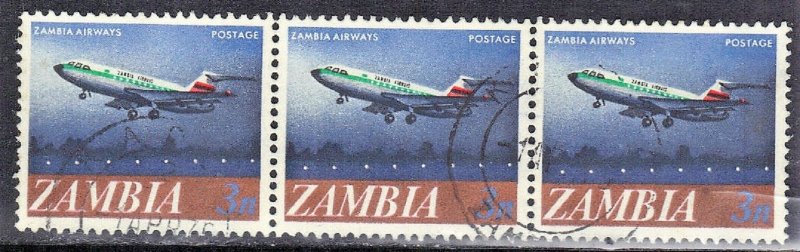 ZAMBIA  #128  USED  1974  ZAMBIA AIRWAYS  STRIP OF 3 SEE SCAN