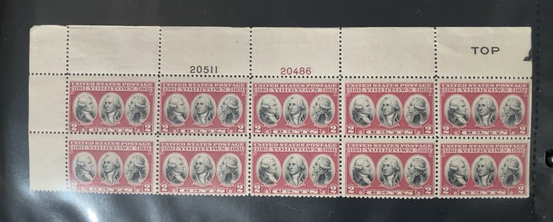 Scott #703, 2c Yorktown, Plate block of 10, Top, #s 20511(B)/20486(R), MNH