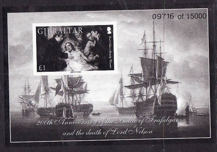 Gibraltar-Sc#1027-unused NH sheet-Black print-Ships-Battle of Trafalgar-Nelson-2