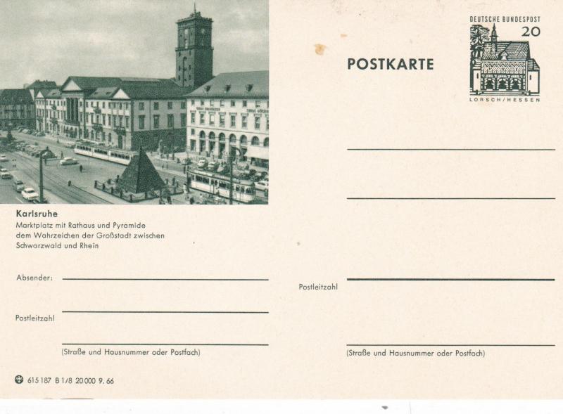 West Germany 20pfg Lorsch/Karlsruhe Prepaid Postcard Unused VGC