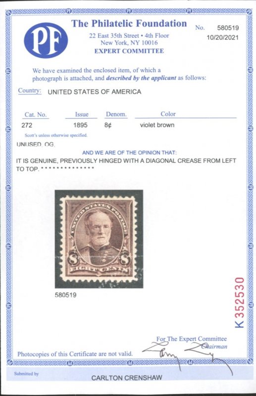 U.S. #272 MINT WITH PF CERT