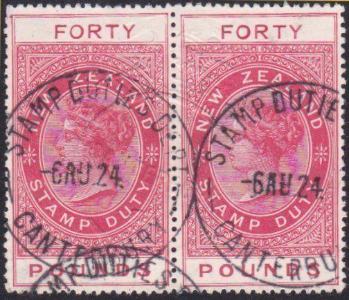 NEW ZEALAND 1880 Stamp Duty £40 11mm FORTY  used pair......................68008