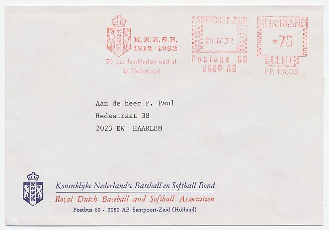 Meter cover Netherlands 1972 Baseball - Softball - 70 Years in The Netherlands