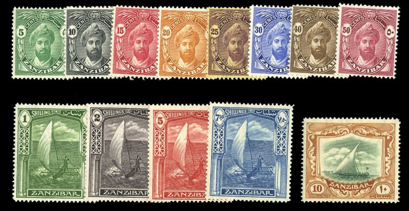 Zanzibar #201-213 Cat$110.55, 1936 5c-10sh, complete set, 10sh never hinged, ...