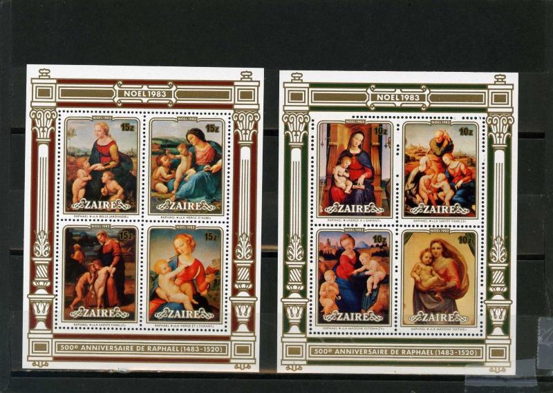 ZAIRE 1983 Sc#1129-1130 CHRISTMAS PAINTINGS 2 SHEETS OF 4 STAMPS MNH 