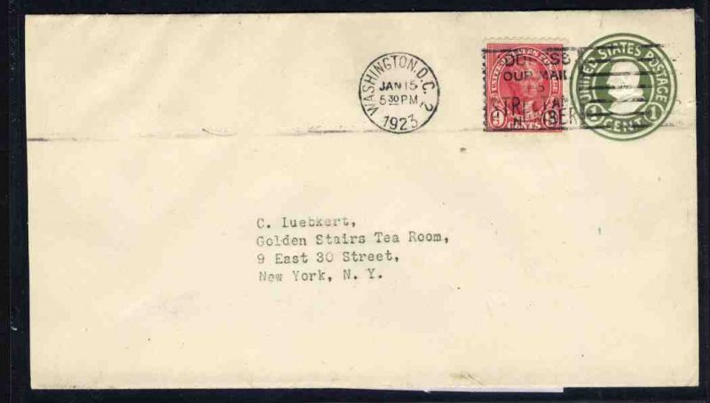 United States First Day Covers #561 Cat$175, 1923 9c Jefferson on 1c Statione...