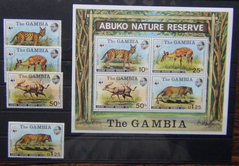Gambia 1976 Abuko Nature Reserve 1st Series set & Miniature Sheet MNH