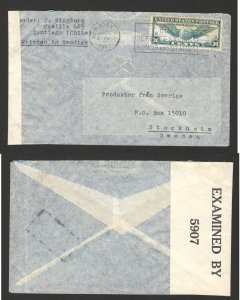 CHILE TO SWEDEN - AIRMAIL CENSORSHIP COVER WITH USA STAMP - 1942.