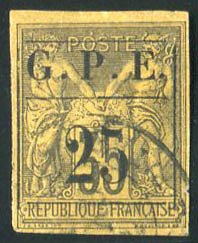 French Colonies, Guadeloupe #2 Cat$60, 1884 25c on 35c black, used, signed Ca...