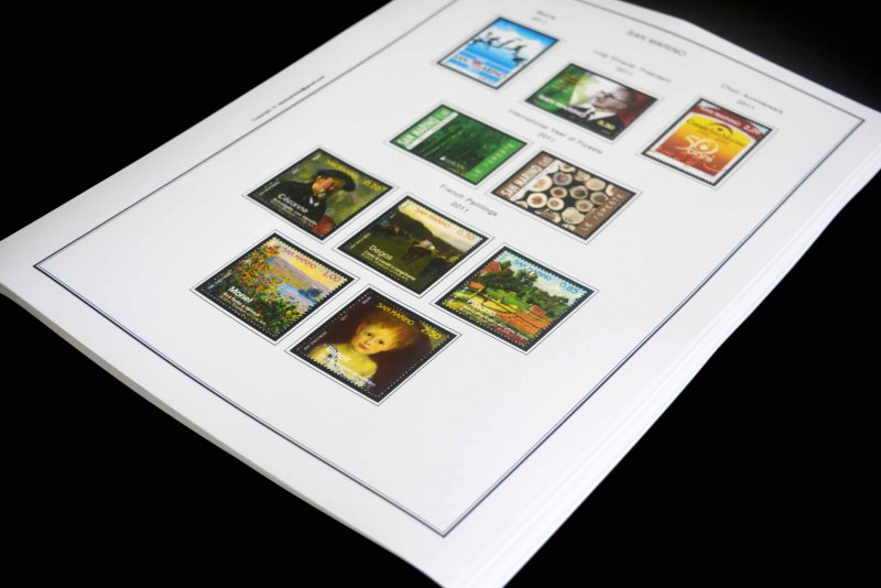 COLOR PRINTED SAN MARINO 2011-2020 STAMP ALBUM PAGES (58 illustrated pages)