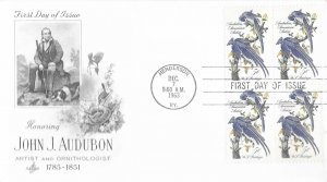 1963 FDC, #1241, 5c John James Audubon, Art Craft & Artmaster, block of 4