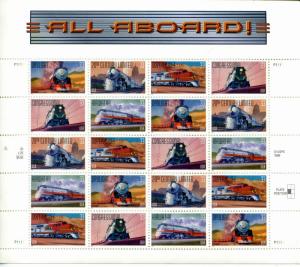 US Scott #3333-3337 All Aboard Trains Sheet MNH. Free Shipping.