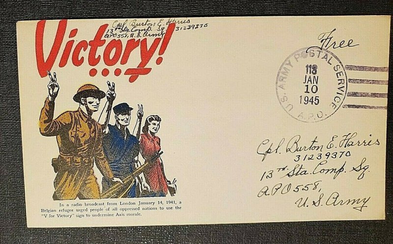 1941 Captain Burton Harris Army Post Office Free Mail V for Victory Patriotic