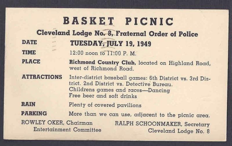 1949 CLEVELAND LODGE #8 FRATERNAL ORDER OF POLICE, ATTEND A BASKET PICNIC