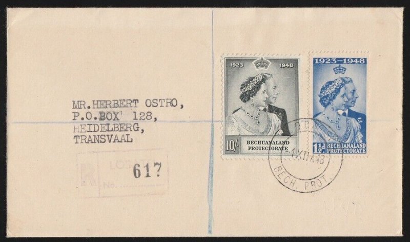 BECHUANALAND 1948 KGVI Silver Wedding set First Day Cover. To South Africa.