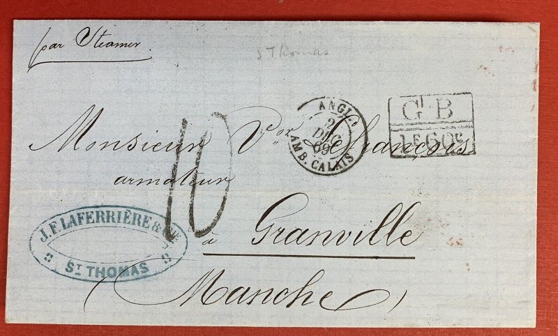 Danish West Indies, 1869, Stampless Cover, Sent to France, 9 Postal Markings 