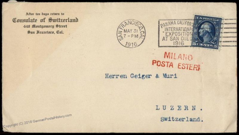 USA 1916 San Francisco Pan Am Milan Switzerland 5c Washington Cover 81897