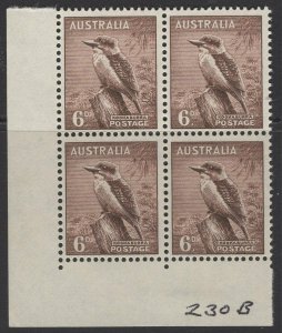 AUSTRALIA SG230b 1956 6d PURPLE-BROWN NO WMK BLOCK OF 4 MNH 