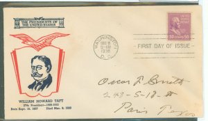 US 831 1938 50c William Taft (part of the Presidential/Prexy series) on an addressed FDC with a Fidelity cachet