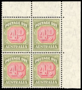 Australia #J75 Cat$56, 1952 4p green and carmine, sheet margin block of four,...