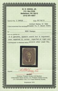 SCARCE GENUINE SCOTT #30A MINT 1860 BROWN TYPE-II CERT  IF OG SCV WOULD BE $2000