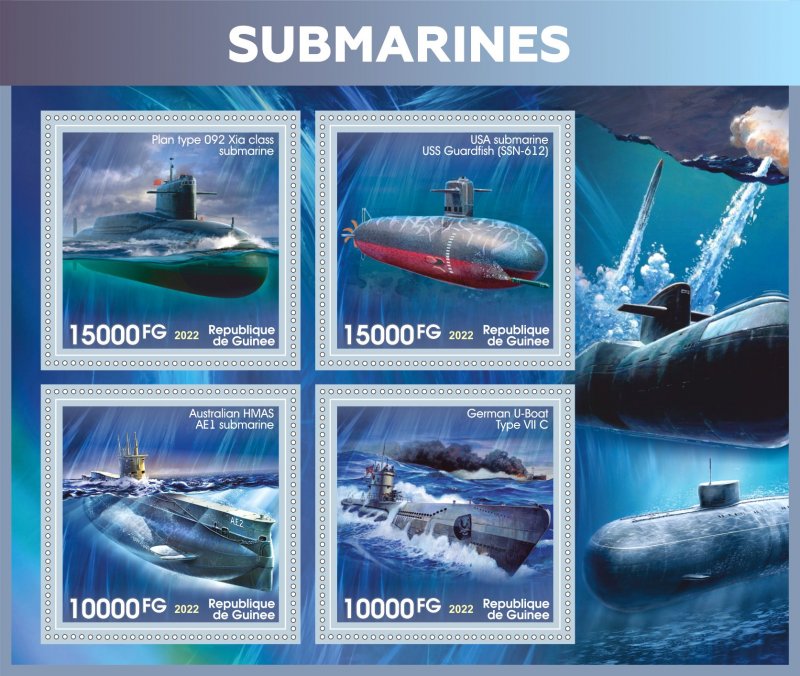 Stamps.Transport. Submarines. Ships 2023 year 1+1 sheets perf Guinea