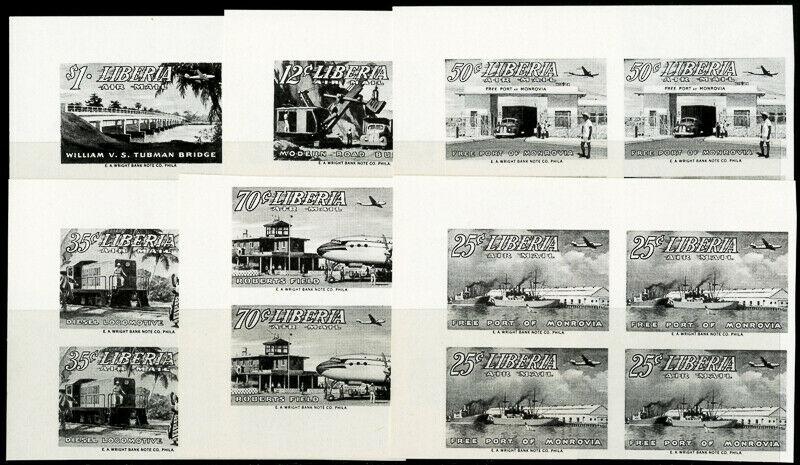 Liberia Stamps # C71-7 IMPERFORATE BLACK PROOFS BLOCKS OF 4