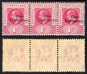 Cayman Is SG17 KEVII One Halfpenny on 1d Strip of 3 (2 x U/M) Misplaced Surchar