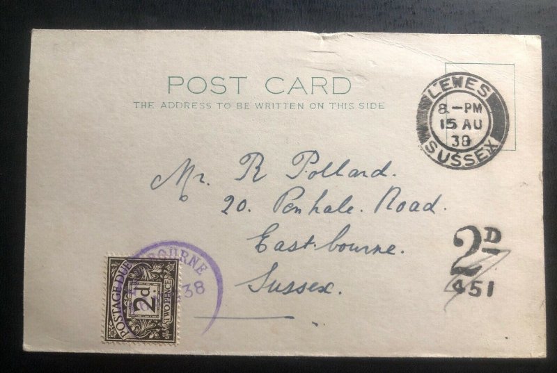 1938 Lewes England Postage Due Postcard Cover To Eastbourne