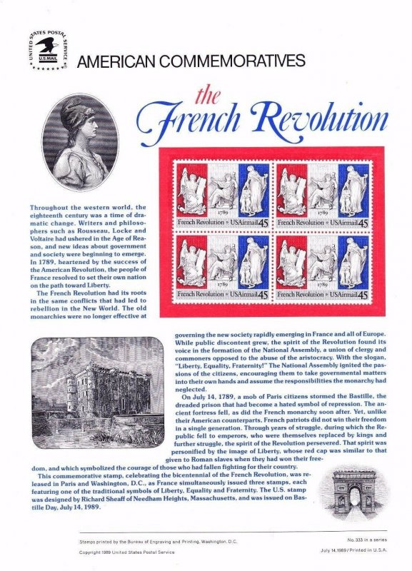 USPS Commemorative Panel 333 French Revolution Bicentennial C120 Block/4 Mint 