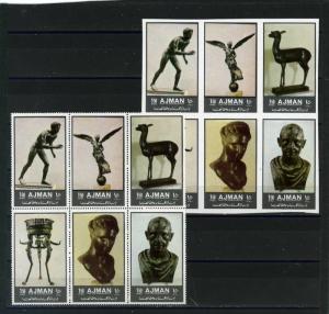 AJMAN 1972 ANCIENT FIGURINES 2 SHEETS OF 6 STAMPS PERF. & IMPERF. MNH