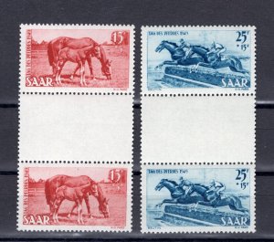 GERMANY SAAR 1948 DAY OF THE HORSE SCOTT B67-B68 GUTTER PAIRS PERFECT MNH