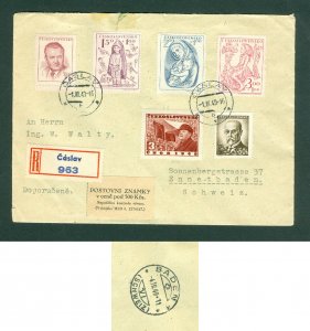 Czechoslovakia. Cover 1949 Registered. Caslav. Multi Franked,6 Stamp.Adr:Schweiz