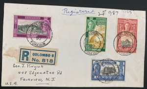 1952 Colombo Ceylon Registered Cover To Fairview NJ Usa