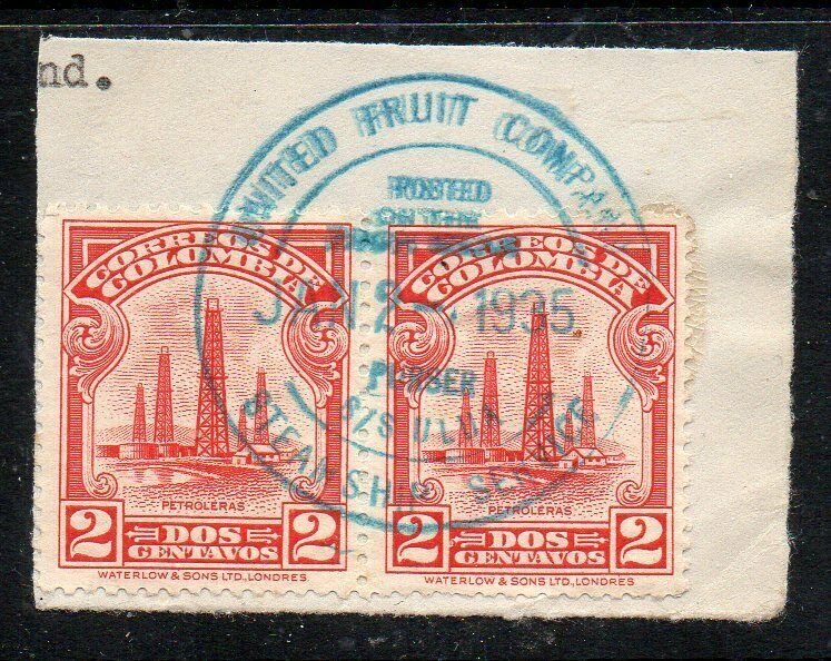 Colombia: 1935 1c. pair cancelled Fruit Ship Steamship Service