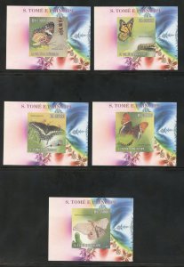 St. Thomas and Prince 2303 a-e MNH Butterfly Imperf Souvenir Sheets from 2010
