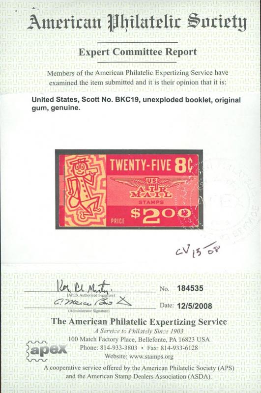 U.S. #BKC19 MINT Booklet with APS Cert