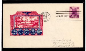 US 837 1938 3 cent Northwest Territory (single) on an addressed First Day cover with a cachet craft cachet (red & blue)