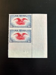 1938 US SC C23a 6c Airmail Eagle Holding Shield, Vertical Pair Imperf Error MNH