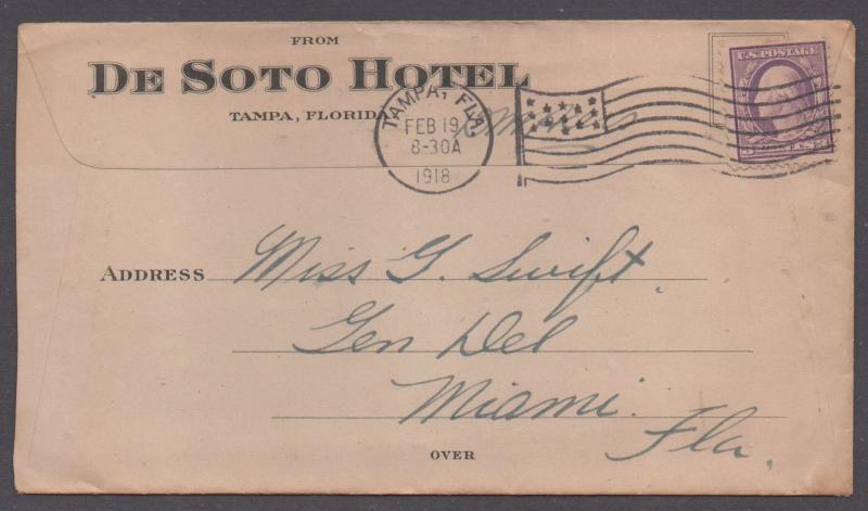 **US 20th Century Advertising Cover, Tampa, FL, 2/19/1918, De Soto Hotel