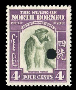 North Borneo #196P, 1939 4c Monkey, proof with security punch, never hinged