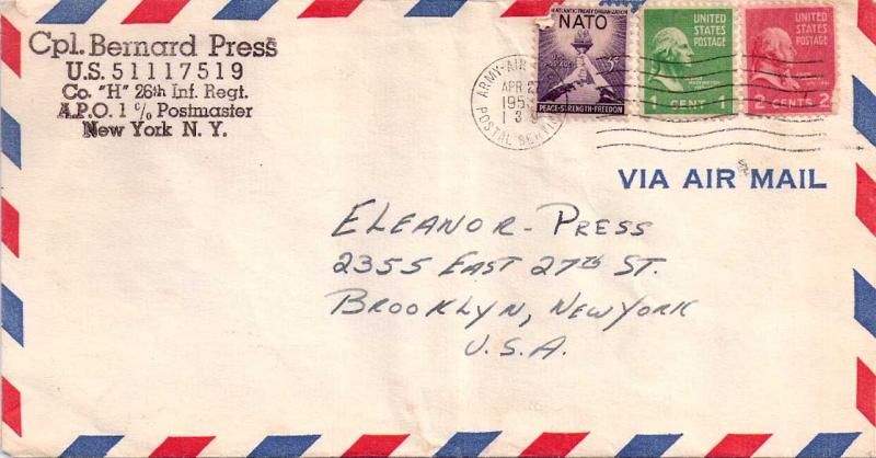 United States A.P.O.'s 1c Washington and 2c Adams Prexie with 3c NATO 1953 Ar...