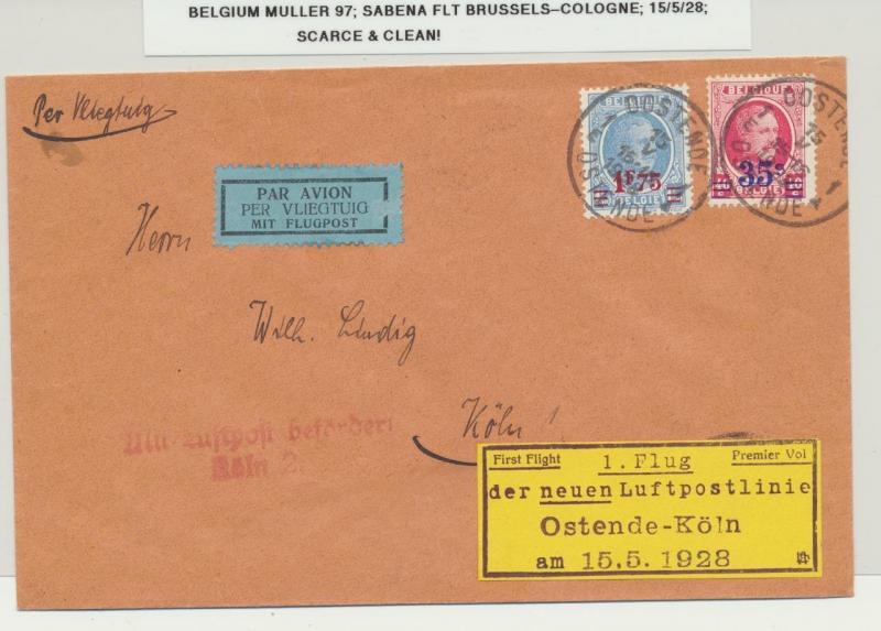 BELGIUM 1928 SABENA FLIGHT COVER, BRUSSELS-COLGNE, MU#97 SCARCE+CLEAN (SEE BELOW