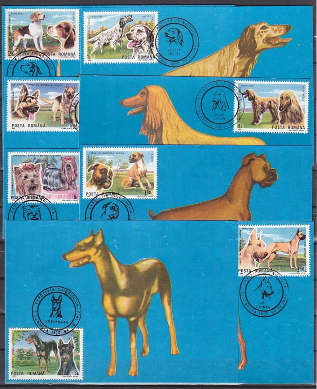 Romania, 1997 issue. 04/OCT/97. Various Dog cancels on 7 Max. Cards. ^