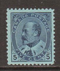 Canada Sc 91 MNH. 1903 5c blue on blue KEVII, expertly regummed, Scarce