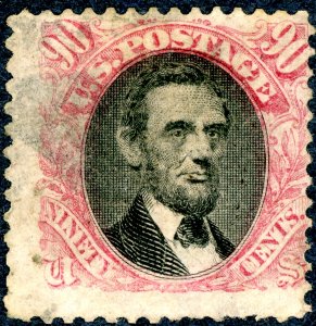 US #122 – 1869 90c Lincoln, carmine and black. Used Fine