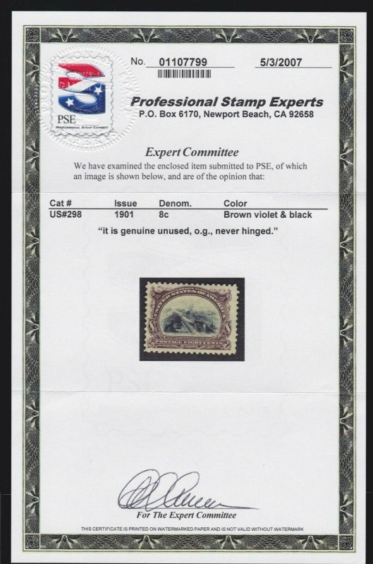 US 298 1901 8c Pan American Mint VF OG NH w/ PSE Certificate SCV $230