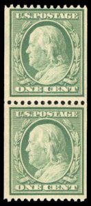 United States, 1904-9 #348 Cat$225, 1908 1c green, vertical pair, never hinged