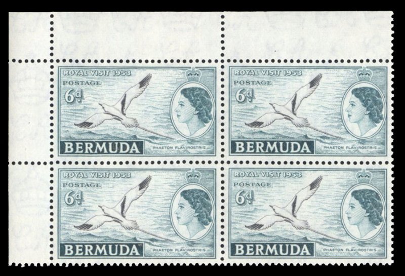 Bermuda #152 Cat$20, 1963 6p dark bluish green and black, corner margin block...