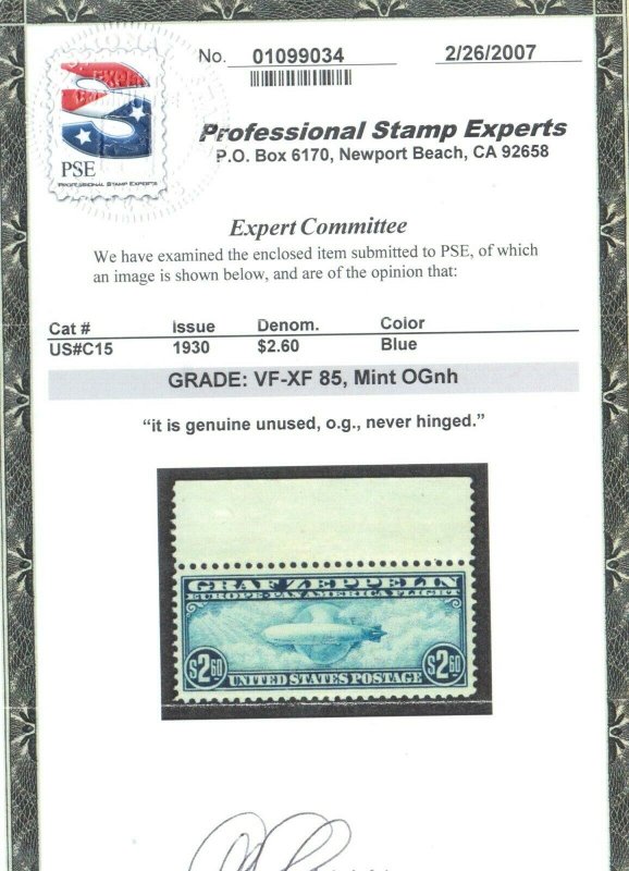 USA #C15 Very Fine - Extra Fine Never Hinged With Graded Certificate